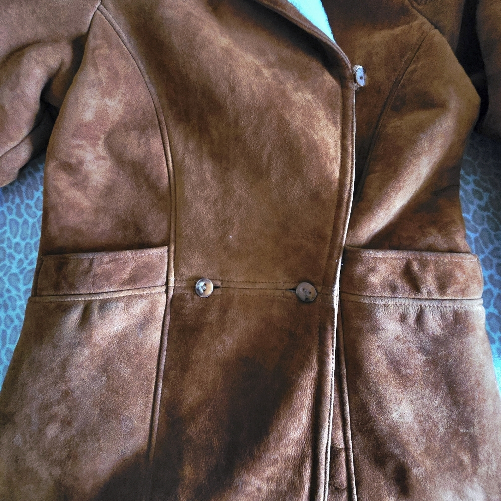 Dagorret Sienna Brown Suede Leather Shearling Midi Coat Size M-L - Picture 10 of 16